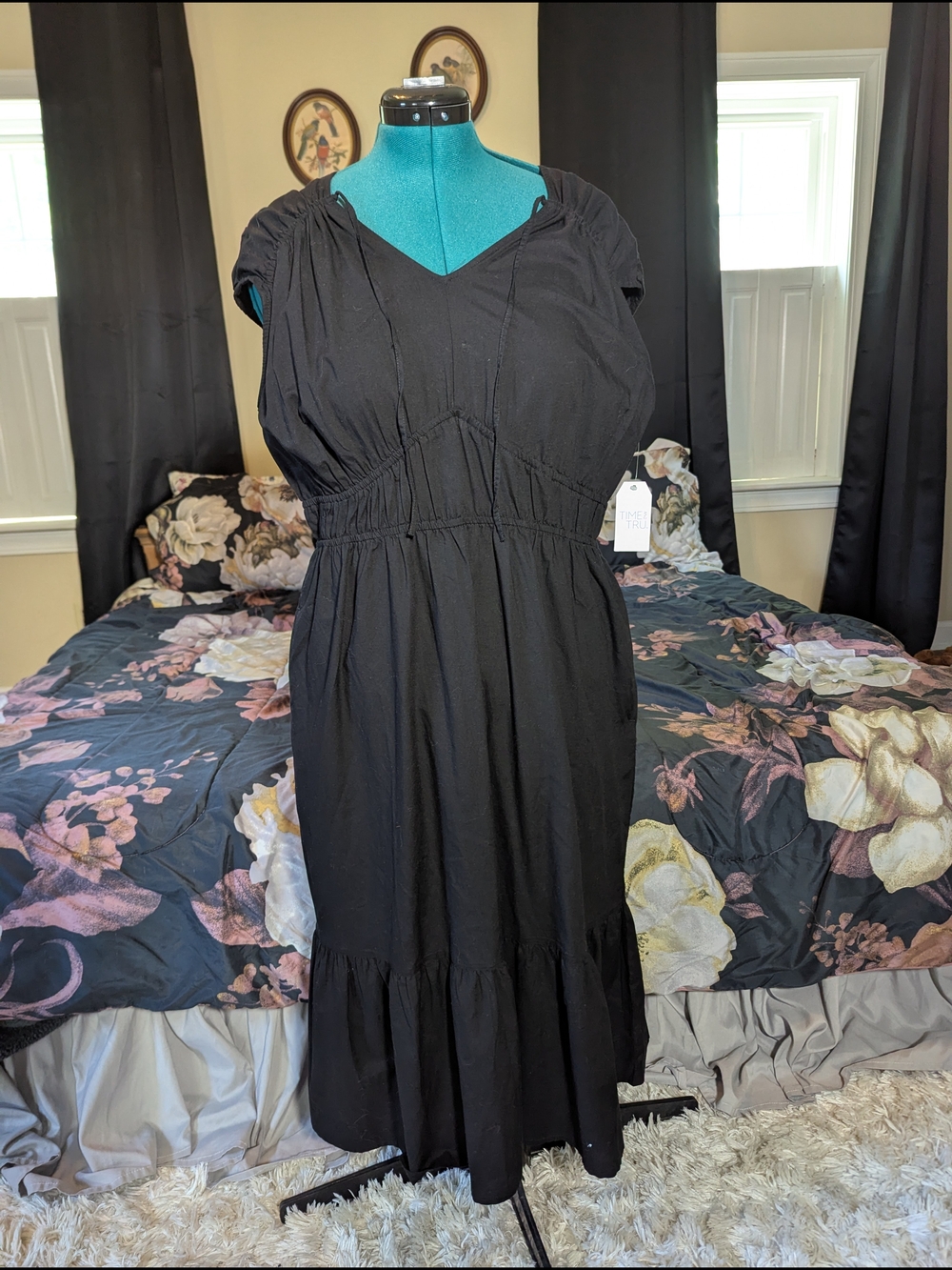 Time and Tru Black V-Neck Ruffle-Hem Midi Dress